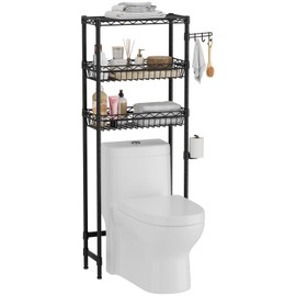 3-Tier Over-The-Toilet Storage Shelf,Heavy-Duty Adjustable Bathroom Rack with 2 Mesh Baskets,Toilet Paper Holder & Hooks,Space-Saving Organizer for Bathroom,10”D x 24”W x 66”H,Black