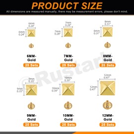 Rustark 150 Sets 6 Sizes 6mm 7mm 8mm 9mm 10mm 12mm Gold Pyramid Rivet Square Leather Rivets Kit Metal Studs Pyramid Rapid Rivet Studs Assortment Kit for DIY Leather Craft Decorations