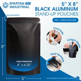 Spartan Industrial 5" X 8" Matte Black Stand-Up Pouch Bags - 100 Count Smell-Proof Mylar Bags With Heat Sealable Opening and Resealable Zipper