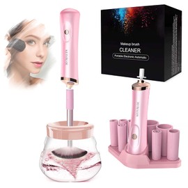 Máquina de limpieza y secador de brochas de maquillaje automáticas, brochas de maquillaje profundas, con 8 tamaños de collares de goma, fácil limpieza y secado rápido (rosa)