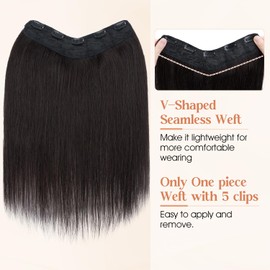 SLEEKALON Black Real Human Hair One Piece Clip in Hair Extensions 3/4 Full Head Clip on Hair Extensions for Women V-Shaped Weft Clip in Hair Extensions Silky Straight Thick Ends(16",Natural Black)