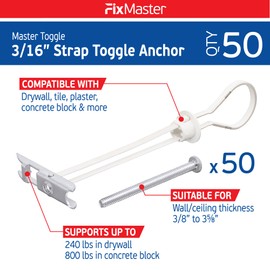 3/16" Heavy Duty Master Toggle-Bolt Strap Anchors (50 Pack) w/ 50 Steel Threaded Studs - 3/16-24 UNC Fastener Size - Great for TV mounting, 240 lb Holding Strength