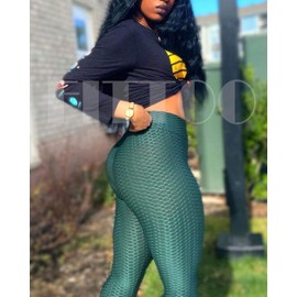 FITTOO Women's High Waisted Honeycomb Ruched Butt Scrunched Booty Leggings Workout Running Lift Textured Tights Emerald Medium