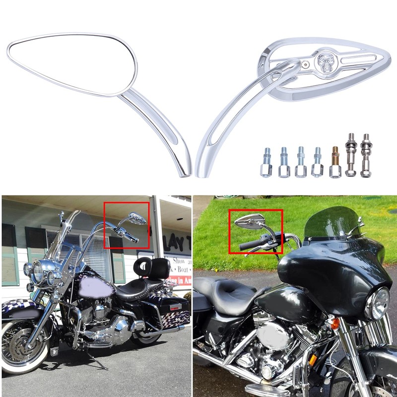 8mm/10mm Rearview Side Mirrors Chrome Skull Teardrop for Harley Dyna