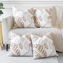 Sungeek Set of 4 Leaf Print Decorative Cushion Covers Soft Pillow Covers with Invisible Zipper Square Throw Pillow Cases for Sofa Bed Patio Farmhouse Outdoor (Brown, 45x45 cm)