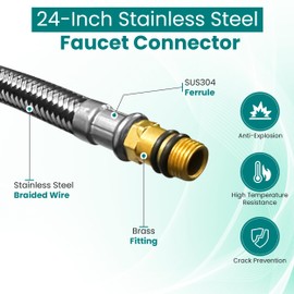 MSC 24-Inch / 600mm Stainless Steel Braided Faucet Connector, 2 Pcs Supply Hose, 3/8-Inch Female Compression Thread x M10 Male Connector for Kitchen and Bathroom Sink, Hot & Cold Water Supply