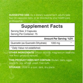 Quercetin 1000mg Per Serving (2 Pack) | 300 Capsules, High Bioavailable Flavonoids, Third Party Tested, Supports Healthy Immune System, Non-GMO, No Gluten
