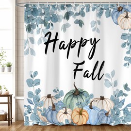 Fall Pumpkin Shower Curtain, Autumn Leaves Harvest Thanksgiving Watercolor Seasonal Bathroom Accessory Sets, Waterproof Fabric Polyester Shower Curtains with Hooks, 72x72 Blue