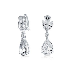 Classic Bridal Wedding Silver Tone Cubic Zirconia Clip-On 2 Teardrops CZ Pear Shape Drop Dangle Earrings Rhodium Plated