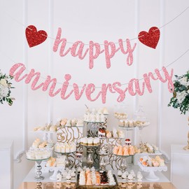 Happy Anniversary Banner, Anniversary Party Decorations, We Still Do, Happy Wedding Day Party Decoration Supplies Pink Red Glitter (Pink)