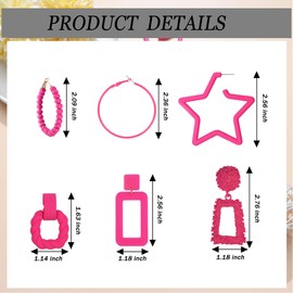 Suprsparkle 6 Pairs Hot Pink Earrings For Women Rectangle Geometric Tassel Heart Floral Dangle Earrings Star Twisted Rope Beaded Hoop Earrings Pink Statement Earrings