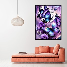 CHWGLFGG 5D Diamond Art Kits for Adults Beginners, Purple Butterfly Diamond Painting Kits, DIY Full Round Drill Paint by Diamonds Dot Gem Art for Adults, Home Wall Decor 12x16 Inch