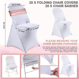 Preboun 50 Pack White Folding Chair Cover Set with 25 Spandex Chair Slipcovers 25 Sequin Chair Sashes Bow Washable Chair Protector Chair Cover for Party Wedding Banquet Event(White, Rose Gold)