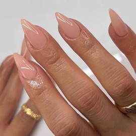 KQueenest Peach Pink Press on Nails Medium Stiletto Almond,Pure Color Cool Acrylic Nails Press on Reusable Fake Nails False Nails Feature Protective UV Coating for Women Nail Art Manicure in 24PCS