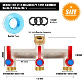 3 Way Brass Garden Hose Splitter, 3/4" Hose Splitter 3 Way Heavy Duty with Extension Handles, Outdoor Faucet Splitter Water Spigot Splitter with Individual On/Off Valve