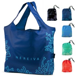 Nereiva 5 Pack 55 Pound Reusable Grocery Bags with attached pouch, Large Capacity, Durable, Washable, Foldable into a Small Pouch, Easy Shoulder or Hand Carry with handles, Stylish Shopping bag