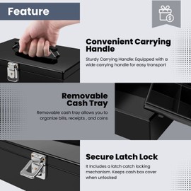 Flexzion Cash Box with Money Tray and Lock - Metal Money Box for Cash Storage with Secure Latch Lock & Key, Black Petty Cash Box with 7 Compartment Money Tray for Small Businesses, 11x7.7x3.5 Inches