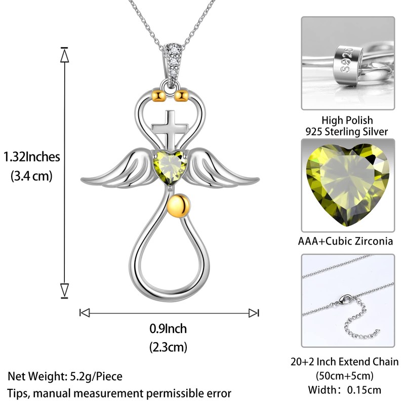 Angel Heart Nurse Necklace for Women August Birthstone Stethoscope Neckalce