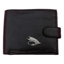 Fishing Fly Black Leather Mens Wallet RFID Protection