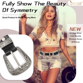 Women Leather Belt Ladies Vintage Western Double Buckle Design Black Waist Belt for Pants Jeans Dresses(D-Black(silver buckle))