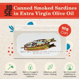 Smoked Small Sardines in Extra Virgin Olive Oil by Jose Gourmet, Wild Caught Portuguese Sardines, Canned Fish in Olive Oil, Omega 3, Fair Trade, 125g Can, Pack of 8