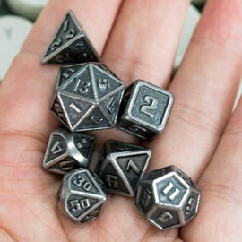 Cusdie Mini Metal Dice 10MM, 7 PCs Metallic DND Dice Set, Mini Polyhedral Dice Set, for Role Playing Game D&D Dice (Nickel)