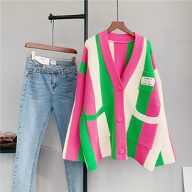 Womens Long Sleeve Cable Knitted Color Block Boho Striped Sweater Cardigans for Early Spring,Fall or Winter (Rainbow Pink, S)