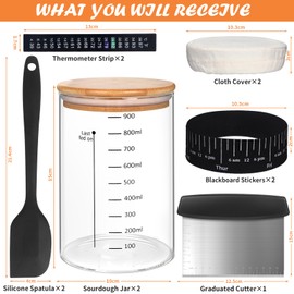 Kmise 2 Pack Pro Sourdough Starter Jar, 34 Oz Large Capacity DIY Glass Sourdough Starter Jar Kit With Thermometer, Date Marked Feeding Band, Cloth Cover, Spatula and Cutter - Reusable baking supplies