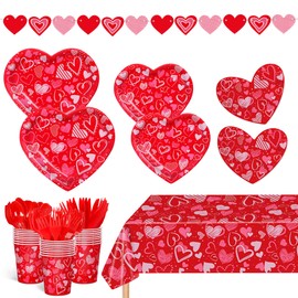 170pcs Valentine’s Day Party Supplies Red Heart Shaped Paper Plates Napkins Girls Valentine’s Day Tablecloth Heart Banner for Lovely Valentine's Day Engagements Weddings Anniversary Serves 24 Guests