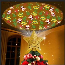 Star Christmas Tree Topper with Rotating LED Projector, 4 Patterns, Santa, Reindeer, Bell, Tree
