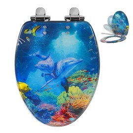Angol Shiold Elongated Ocean Resin Toilet Seat, Soft Close Quick Release Metal Zinc Alloy Hinge Easy to Install also Easy to Clean, Decorative Acrylic Seats (19 Inch, Blue Dolphins Family Print)