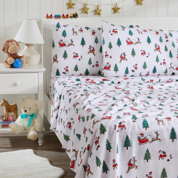 100% Turkish Cotton Twin Kids Holiday Flannel Sheet Set | Deep Pocket Fitted Sheet, Soft Christmas Sheets | Warm Bed Sheets | Anti-Pill Flannel Sheets (Twin, Santa)