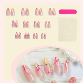 Medium Almond Press on Nails Painting Flower Fake Nails with Gem Rhinestones Design French Tip Stick on Nails Full Cover Pink False Nails Reusable Nude Glossy Acrylic Nails for Women Manicure 24pcs