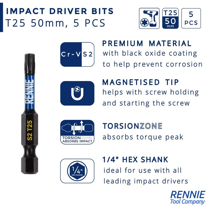 5 x Rennie Tools 50mm Long T25 TX25 Impact Screwdriver