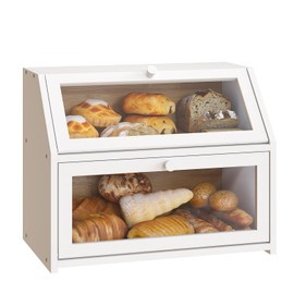 BMOSU Farmhouse Bread Box for Kitchen Countertop Bread box Double Layer Bamboo Wooden Extra Large Capacity Bin Kitchen Food Storage Container(White)
