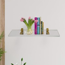 Clear Acrylic Shelves 14.5 inches, 3/4" Thick Transparent Wall Mounted Floating Shelves for Bedroom, Living Room, Bathroom, Kitchen -‎ with Screws and Brass Finish Brackets, Pack of 2