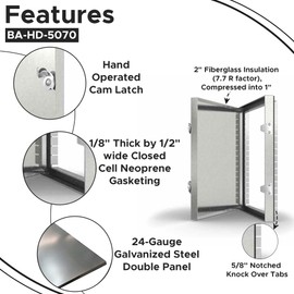 Best 6” x 6” Hinged Duct Access Panel with Neoprene Gasketing, 24-Gauge Galvanized Steel Access Door for Sheet Metal Duct, Fiberglass Insulated Double Panel, Notched Knock Over Tabs, BA-HD-5070