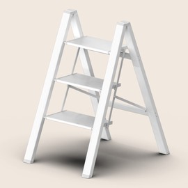 SOLADDER Step Ladder 3 Step Folding, Small Step Stool for Adults, Portable Anti-Slip Iron Stepladder with Wide Pedals for Home and Kitchen Use, Space Saving - White (300 lbs)