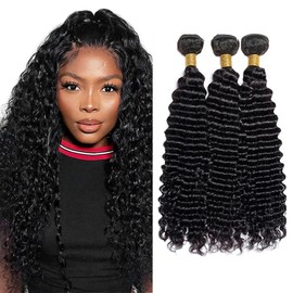 Loose Deep Wave Bundles Human Hair 1B Natural Black Deep Wave Human Hair Bundles 12 12 12 Inch Soft And Healthy Brazilian Curly Remy Hair Extensions Daily Wear For Women Deals