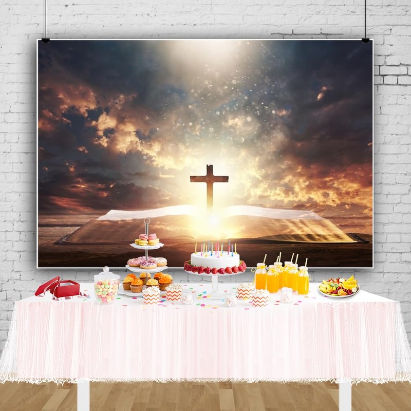 ZARROUEA 7x5ft Jesus Christ Cross Backdrop Opened Holy Bible Book