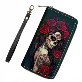ZXHSBROK Sugar Skull Girl Roses Wallet for Women with Credit Card Holder Coin Money Clip PU Leather Zip Around Clutch Wallet