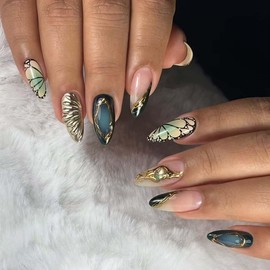 LINMEIZAI 24Pcs Press on Nails Short Almond Fake Nails Press ons Nail Tips Glue on Nails Full Cover Acrylic Nail Kit False Nails Stickers Nail Art with Glitter Dark Butterfly Design for Women Manicure