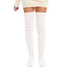 Women's Cable Knit Thigh High Socks Leg Warmers Extra Long Over Knee High Boot Stockings - Color: white