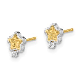 Diamond2Deal 14k Yellow Gold White Rhodium Textured Gold Cubic Zirconia Star Stud Earrings (L- 0.22 in, W- 0.28 in)