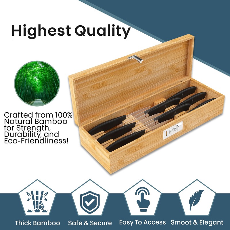 Upgraded Combination Lock Bamboo Locking Kitchen Knife Storage – Secure