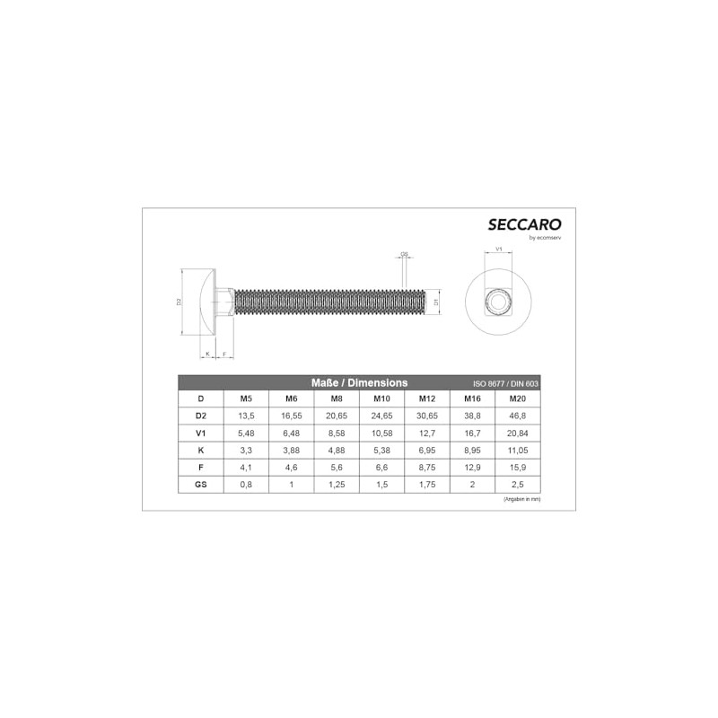 SECCARO 20 x M8 x 100mm Stainless Steel V2A VA