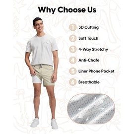 maamgic Mens Casual Shorts with Compression Liner 7 Inch Classic Fit Khaki Shorts 2 in 1 Golf Shorts with Zipper Pocket