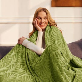 Whale Flotilla Flannel Fleece Queen Size Blanket for Bed, Soft Fluffy Velvet Bedspread Coverlet with Decorative Vintage Pattern for All Season, Warm and Lightweight, 90x90 Inch, Olive Green