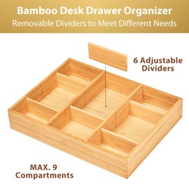 Umilife Desk Drawer Organizer, Bamboo Wood Organizer Tray with Adjustable Compartments, Office Desk Accessories Supplies Organization Storage, 12" x 9"