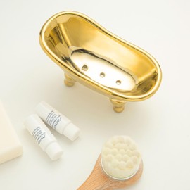 5.6" Ceramic Mini Bathtub Soap Dish Decortative Clawfoot Bathroom Soap Dish (Golden)